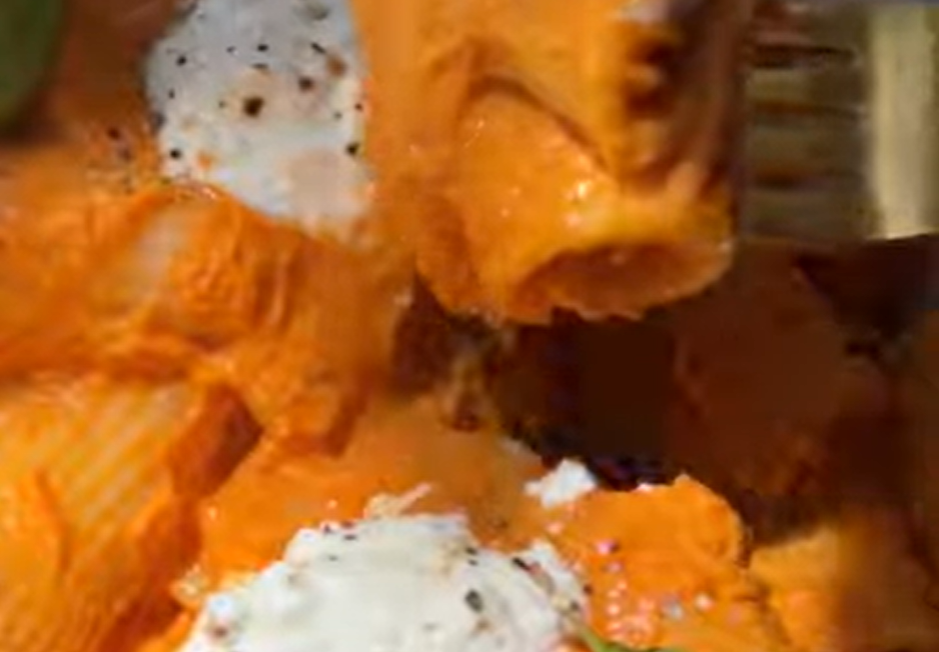 A creamy roasted tomato and pumpkin rigatoni.