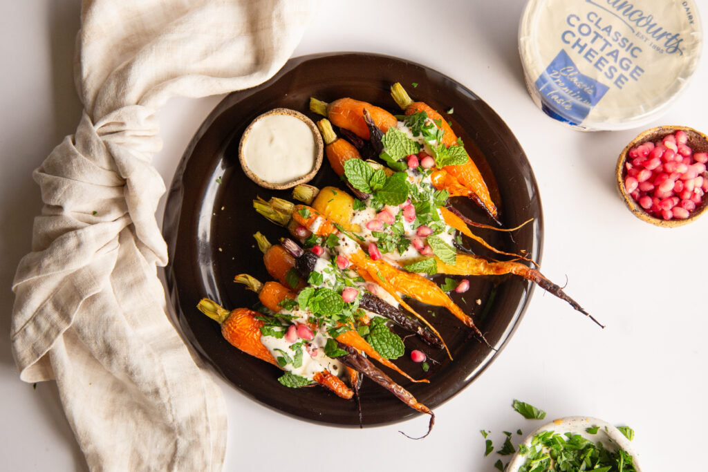 Sticky Glazed Carrots side dish with cottage cheese.