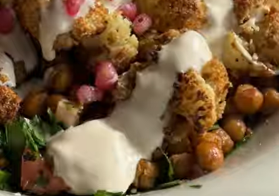 A roasted cauliflower salad made with Brancourts classic cottage cheese.