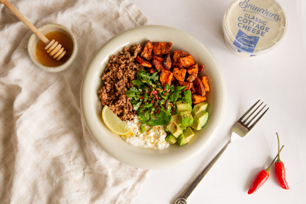 Hot Honey Cottage Cheese Bowl with classic cottage cheese.
