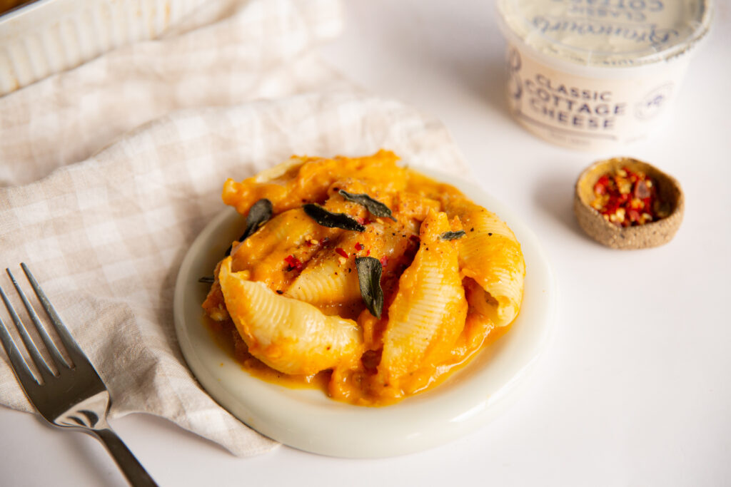 Cheesy Stuffed Pasta Shells with Pumpkin with Brancourts Cottage Cheese classic.