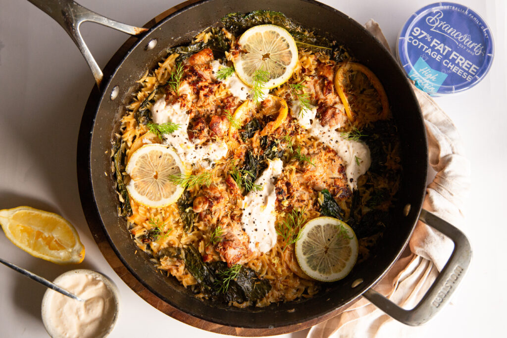 Lemon and Chicken Risoni with Brancourts 97% Fat Free Cottage Cheese blended into a silky lemon garlic sauce.