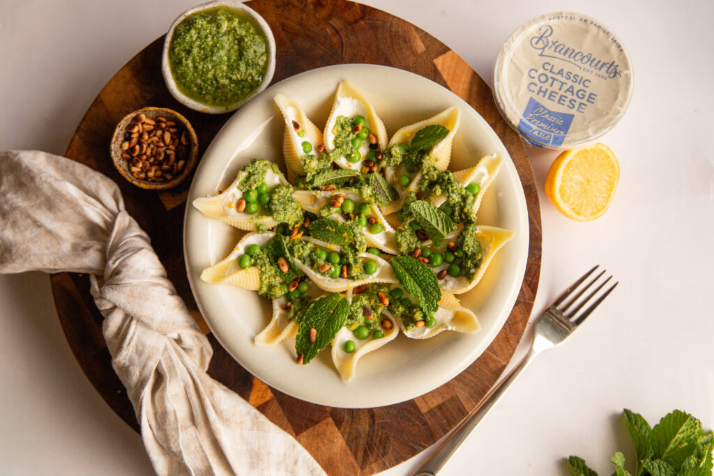 Cottage Cheese & Pea Stuffed Conchiglioni, a light and spring-inspired pasta dish.