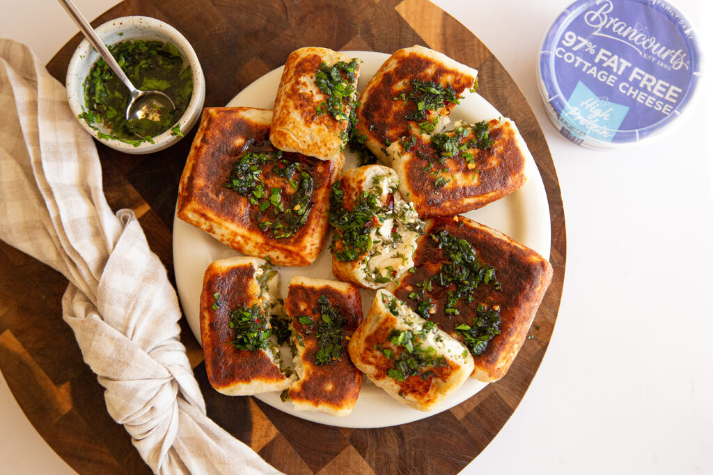 Golden, herby and crispy, Cottage Cheese & Herb Flatbread.