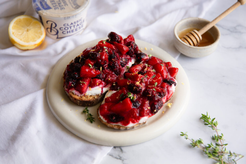 Delicious Whipped Cottage Cheese Strawberry Bruschetta.