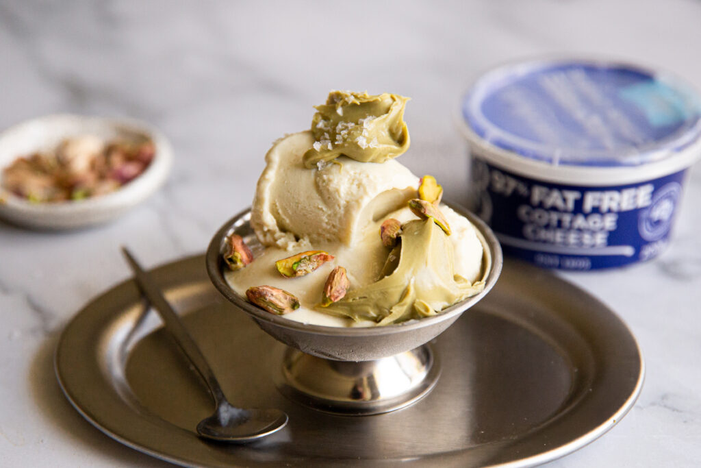 Pistachio Ice Cream made with Brancourts 97% Fat Free Cottage Cheese.