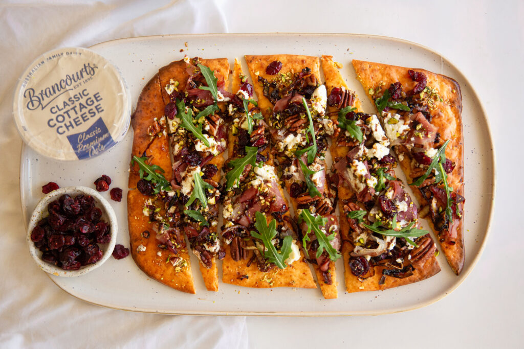 Christmas Flatbread with Brancourts Classic Cottage Cheese.