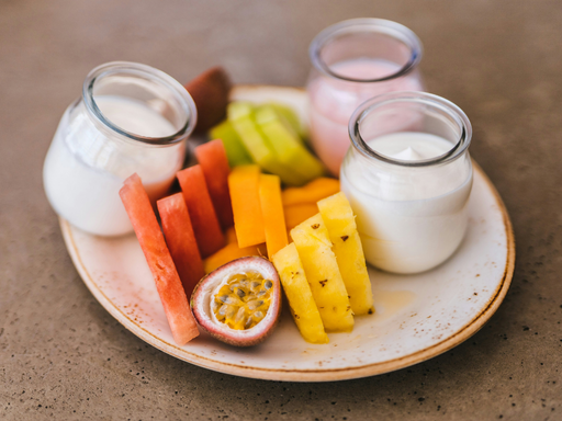 Fruit and yoghurt breakfast, healthy snacks for kids.