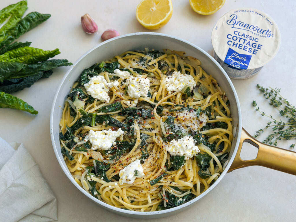 Autumn Greens Pasta with Brancourts Cottage Cheese.