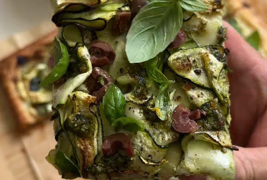 Zucchini tarts with olive, cottage cheese & pesto tart.