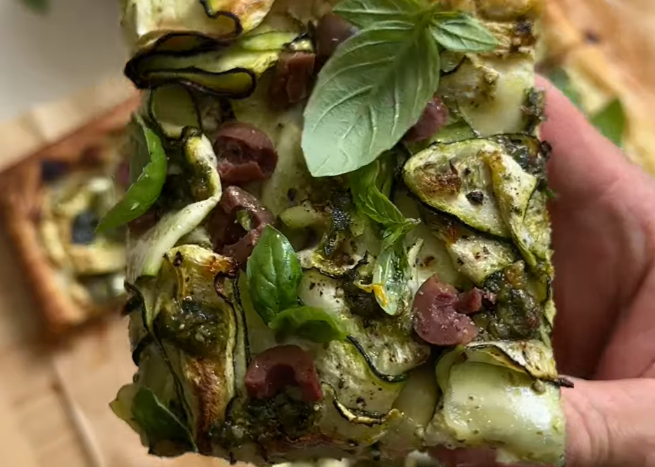 Zucchini tarts with olive, cottage cheese & pesto tart.