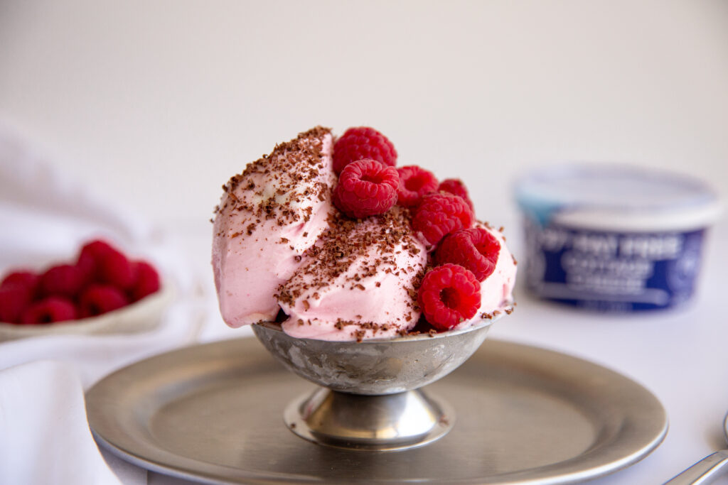 Raspberry Ice Cream, creamy, fresh and made with Brancourts.