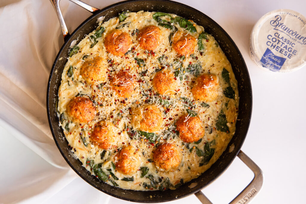 Golden baked Chicken Meatballs with Creamy Orzo.