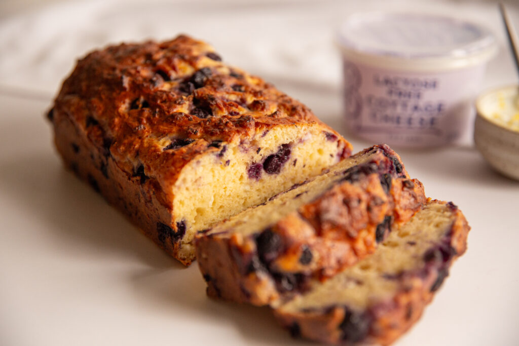 Blueberry Cloud Bread highlights with Brancourts Lactose Free Cottage Cheese.