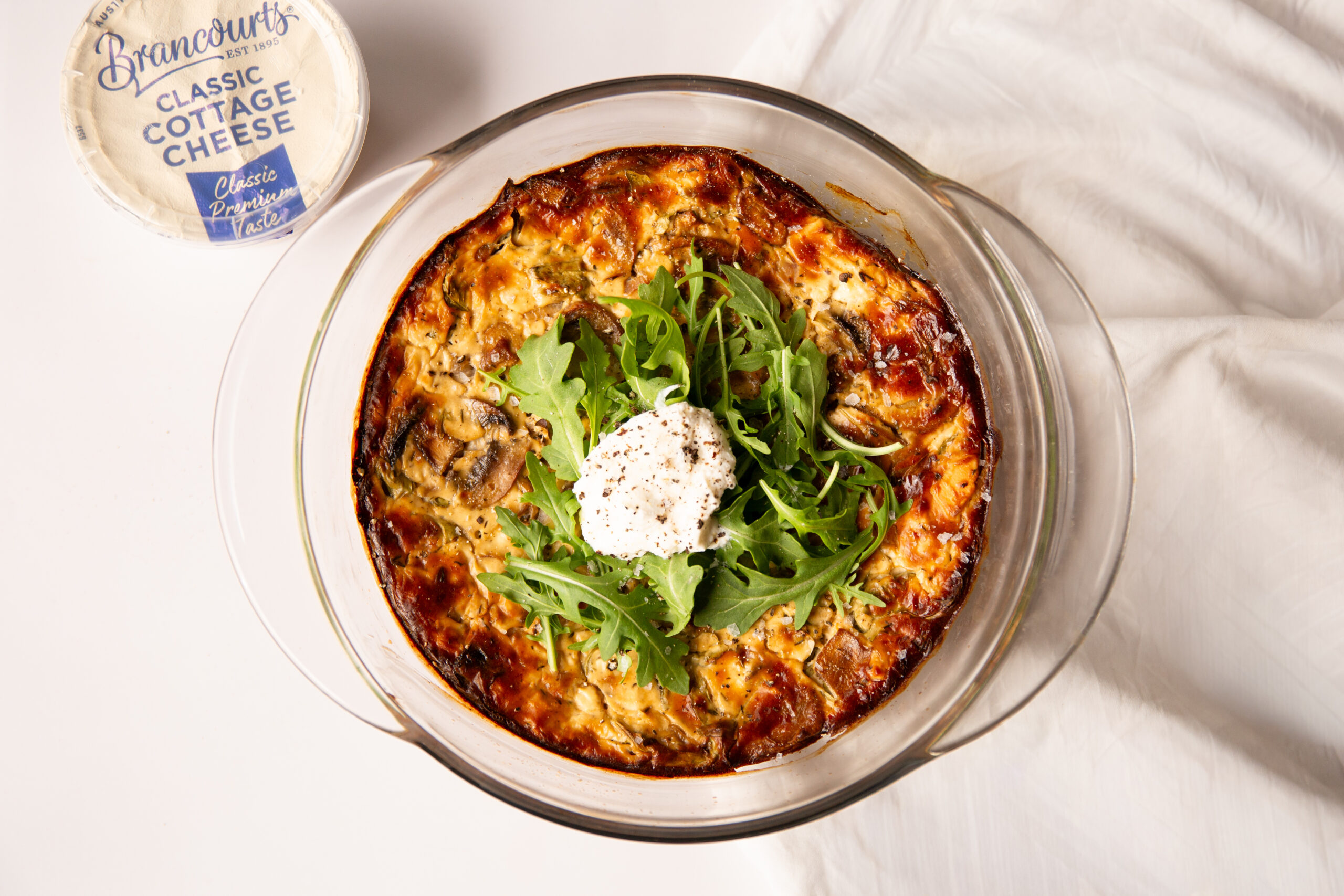 Cottage Cheese Mushroom and Rocket Bake with cheese.