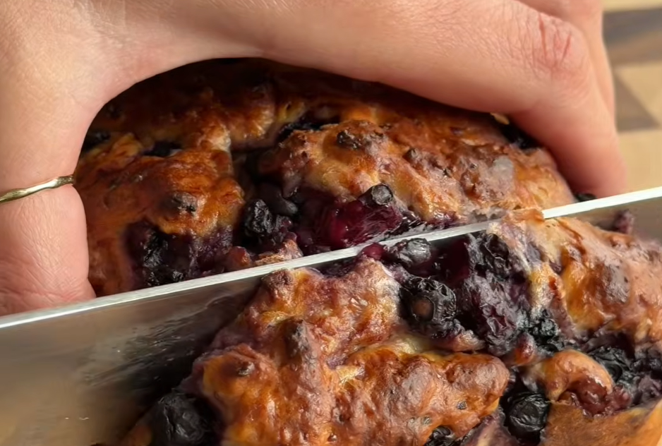 Blueberry Cloud Bread slice with knife.